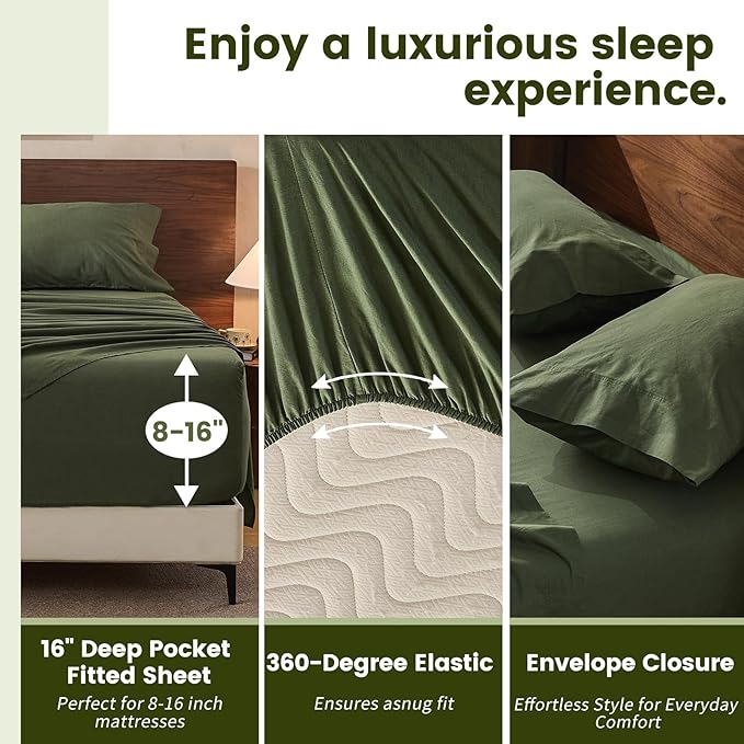 100% Linen Sheets Queen Size,Breathable & Durable 4-Piece Bed Flax Sheet Set,Soft All-Season Bedding for Hot Sleepers 16" Deep Pocket Oeko-TEX Certified,（Queen, Forest Green）