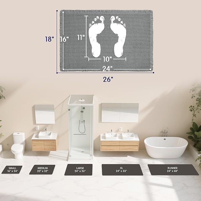 SUBRTEX Waffle Braided Bath Mat, 16" x 24" Soft Waffle Bath Rugs, Absorbent Non Slip Bathrooom Mats, Machine Washable Area Rug for Bathroom, Quick Dry, Gray