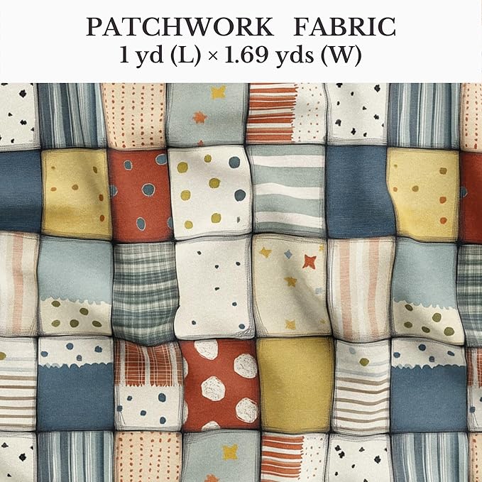 Soft Neutral Patchwork Cotton Fabric Panel 61 x 36.6 Inches, Minimal Geometric Quilt Pattern, Beige Blue Mustard Tones, 100% Cotton 140 GSM