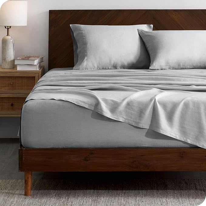 Bare Home Split King Sheet Set - Luxury 100% Linen Bed Sheets - Deep Pockets - Easy Fit - 5 Piece Set - Bedding Sheets & Pillowcases (Split King, Glacier Grey)