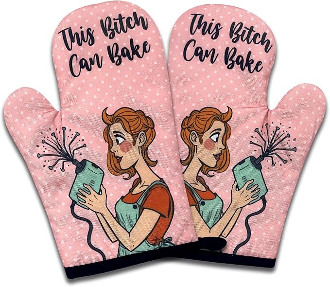 2 Pack Funny Baking Oven Mitts, This Bitch Can Bake, Retro Housewife Heat Resistant Mitts, Humorous Baking Gifts for Mom Wife, Sweet Housewarming Gifts for Women Hostess Sister Bake Lover