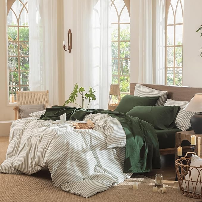 MooMee Bedding Sheet Set 100% Washed Cotton Linen Like Textured Breathable Durable Soft Comfy (Solid Forest Green, Twin)