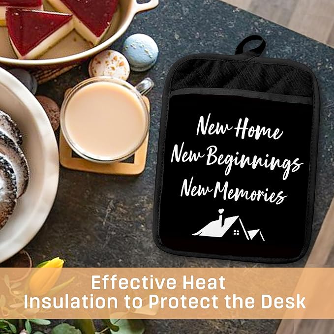 New Home Gifts Pot Holders with Pockets, Housewarming Gifts for Women Men, New Home Beginnings Memories Oven Pot Holders Heat Resistant Oven Mitts Hot Pads for Kitchen Baking Cooking