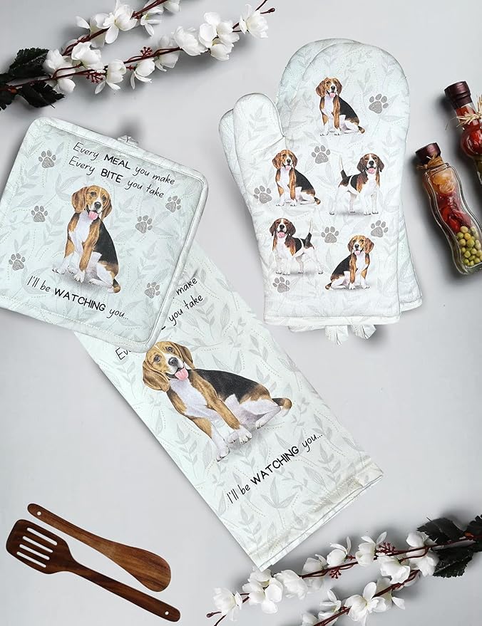 Beagle 3-Piece Kitchen Set - Oven Mitt, Pot Holder & Kitchen Towel Set, Heat Resistant up to 420 F, Soft Quilted Cotton for Cooking, Baking, BBQ, Pet Lover Gifts (Beagle)