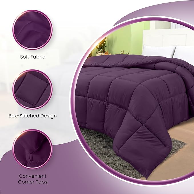Utopia Bedding Comforters Twin Size, All Season Duvet Insert, Down Alternative Box Stitched Bed Comforter with Corner Tabs, Machine Washable (Plum)