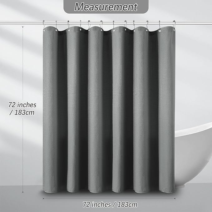 PANGSINNE Grey Shower Curtain Waffle Weave Textured Fabric Heavy Duty for Bathroom, Waterproof 256GSM Weighted Hotel Quality Luxury Bath Curtain Set with 12 Hooks, 72Wx72H Gray