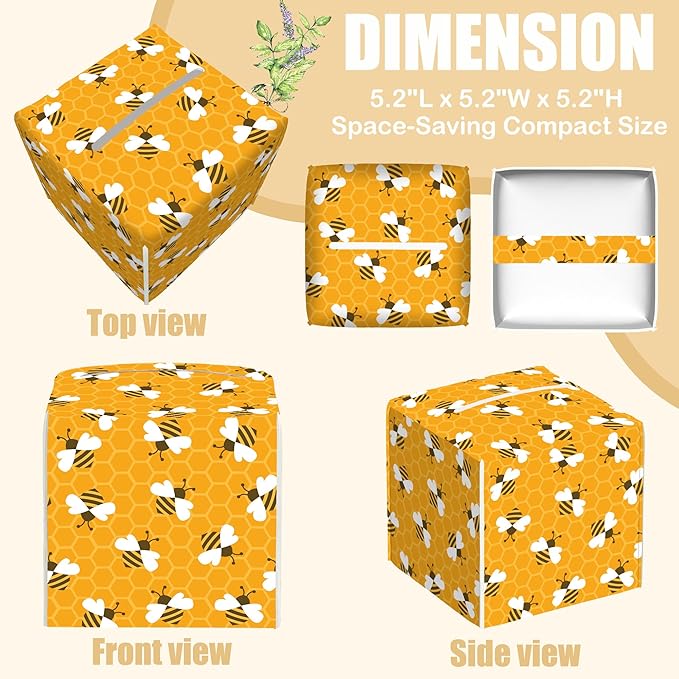BLYKVGHQ Bee and Honeycomb Tissue Box Cover Square, Tissue Box Holder with Bottom Belt Leather Facial Paper Organizer Dispenser for Bathroom Bedroom Dresser Night Stand Tabletop
