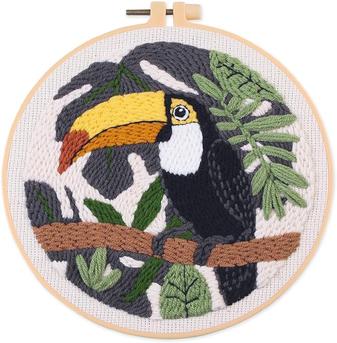 Myfelicity Punch Needle Embroidery Kit, Beginner Craft Set with Animal Pattern Design, 7.9 Inch Hoop (Toucan)