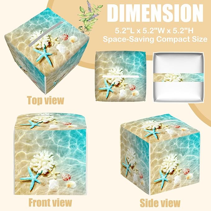 BLYKVGHQ Summer Beach Leather Tissue Box Holder Starfish and Seashell Tissue Box Cover Facial Paper Case Organizer Cube Napkin Dispenser for Bathroom Vanity Countertop Night Stand Office Car