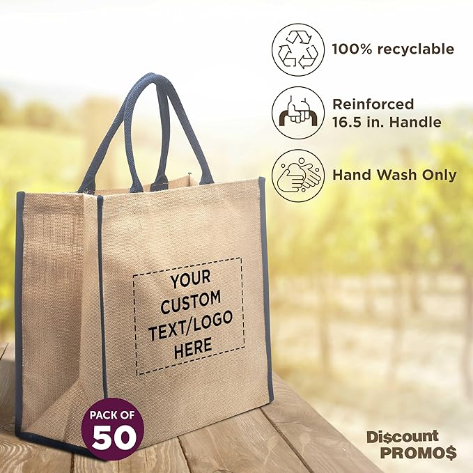 DISCOUNT PROMOS Custom Fresno Eco Friendly Jute Tote Bags Set of 50, Personalized Bulk Pack - Reusable, Great for Tradeshows, Grocery, Shopping and Outdoor Events - Blue