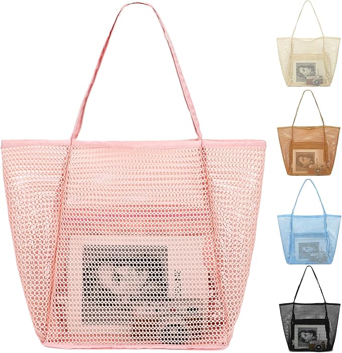 Fammart Mesh Beach Bag, Large Beach Tote with Zipper Pocket for Family Pool Bag for Toys & Vacation Essentials