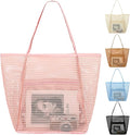 Fammart Mesh Beach Bag, Large Beach Tote with Zipper Pocket for Family Pool Bag for Toys & Vacation Essentials