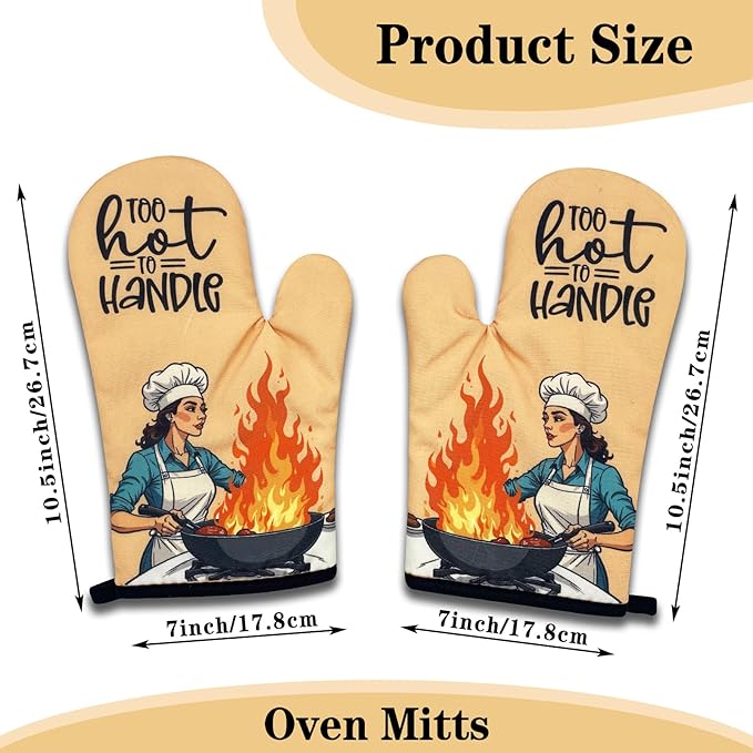 2 Pack Funny Oven Mitts for Women, Too Hot to Handle, Vintage Lady Heat Resistant Silicone Non-Slip Mitts, Sarcastic Baking Gifts for Hostess, Housewarming Gifts for Chef Friend Cook Lover