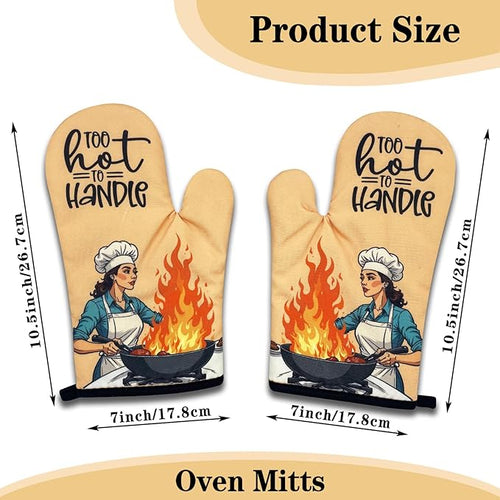 2 Pack Funny Oven Mitts for Women, Too Hot to Handle, Vintage Lady Heat Resistant Silicone Non-Slip Mitts, Sarcastic Baking Gifts for Hostess, Housewarming Gifts for Chef Friend Cook Lover