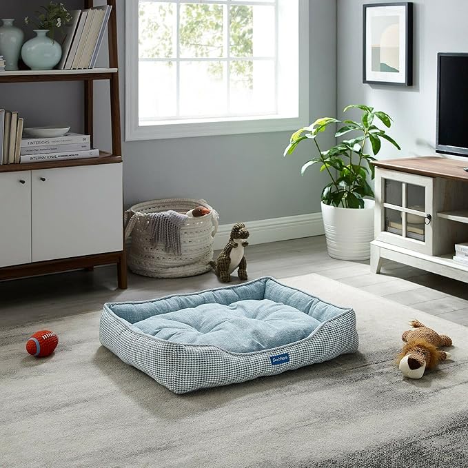 Sam's Pets Arlo Orthopedic Blue Plaid Dog Bed with Soft Fabric, Easy Cleaning, Non-Slip Grip, Modern Design, Medium