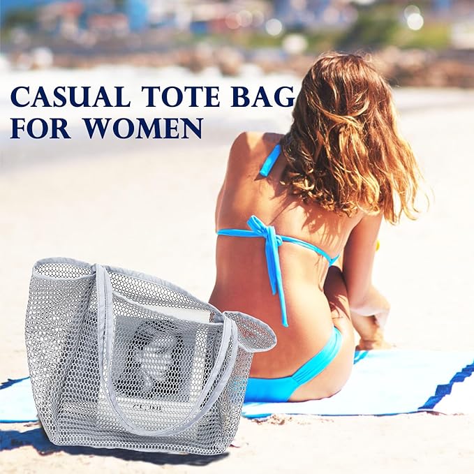 Fammart Mesh Beach Bag, Large Beach Tote with Zipper Pocket for Family Pool Bag for Toys & Vacation Essentials