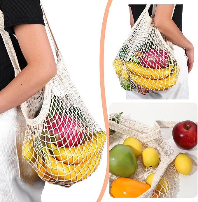 2 Pack Reusable Cotton Mesh Farmers Market Bag, Grocery Tote Net Shopping Bag, Washable Durable Portable Net String Produce Shopping Bags with Long Handle for Fruits, Vegetables, Shoppings (Beige)