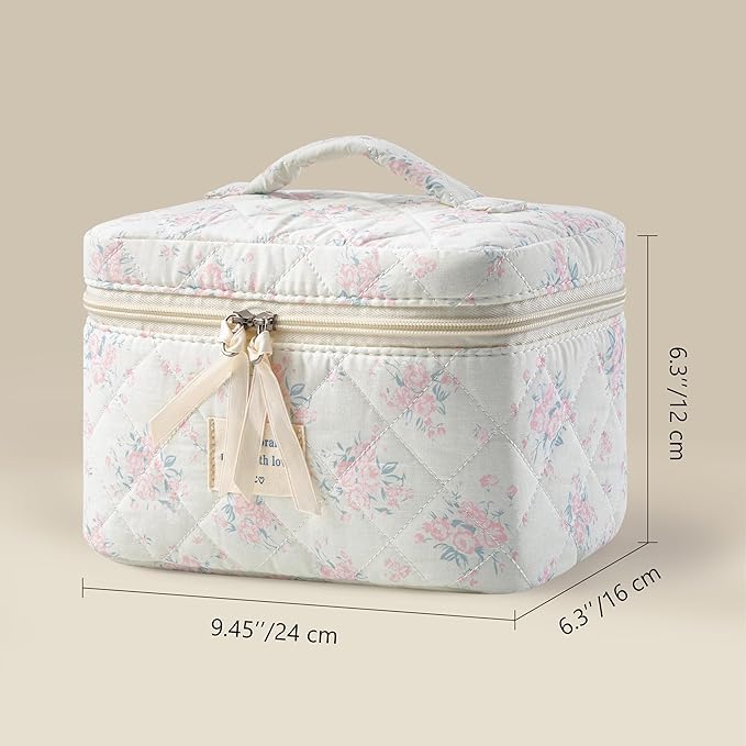 HBselect Christmas Gifts Large Quilted Makeup Bag, Cute Cotton Travel Makeup Bag with Handle, Portable Coquette Floral Make up Bags, Toiletry Organizer Make up Bags for Women Teen Girls Mom