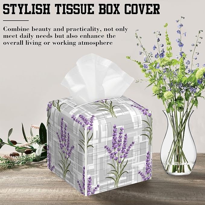 OHEGBXE Tissue Box Holder Geometric Lavender Flower Square Leather Tissue Box Cover Modern Cube Facial Paper Cover Case for Bathroom Vanity Countertop Night Stands Tabletop