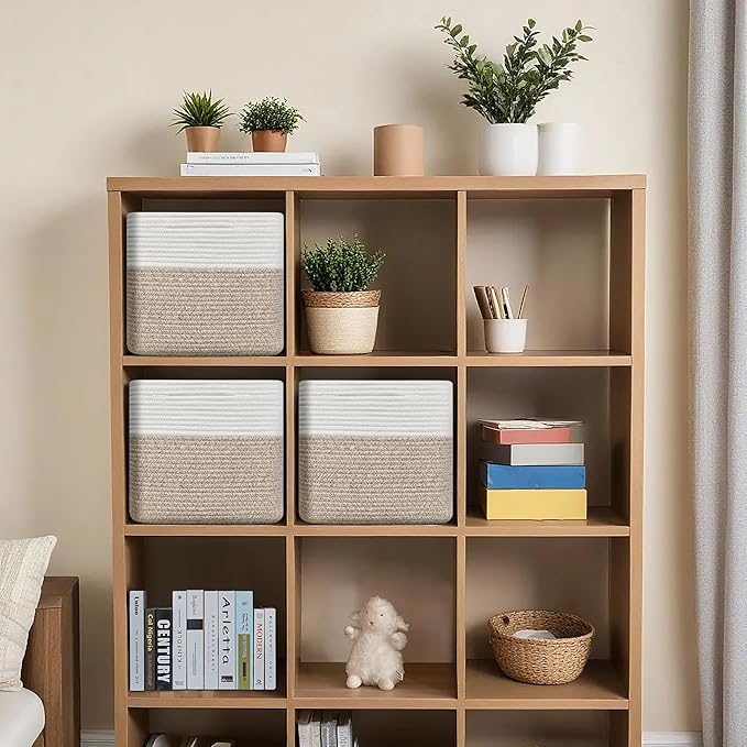 Gocjuaza 3 Pack Storage Cubes 11 Inch Cotton Rope Woven Baskets for Organizing Cube Bin Square Shelves Organizer,Classroom,Kids Toy Bins,Closet,Baby Nursery(Brown)