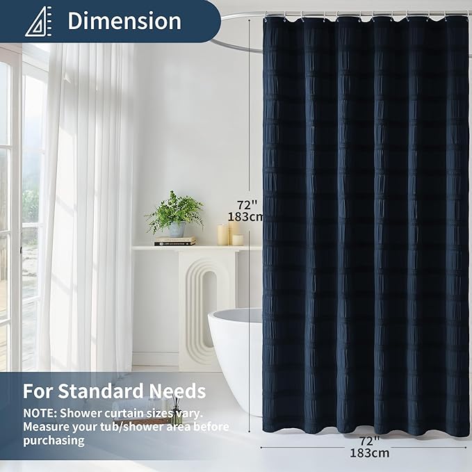 Lameirose Navy Blue Shower Curtain Boho, 72 x 72 Cotton Blend Waffle Tufted Striped Chic Textured Fabric Shower Curtain for Bathroom, Hotel, Washable