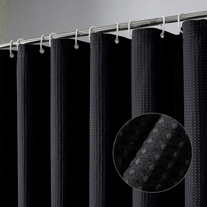 OVZME Extra Long Shower Curtain Set - 84 Inch Long Waffle Weave Heavy Duty Cloth Shower Curtain for Bathroom, Luxury Weighted 230GSM Bath Curtain Set with 12 Plastic Hooks, 72x84, Black