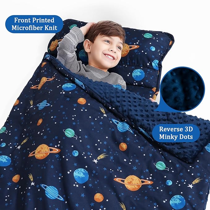 PHF Toddler Nap Mat with Removable Pillow and Minky Fleece Blanket, Rollup Design Warm Slumber Bags for Boys, 52"x20"x2" Kids Sleeping Bag for Daycare Preschool Travel Camping, Space