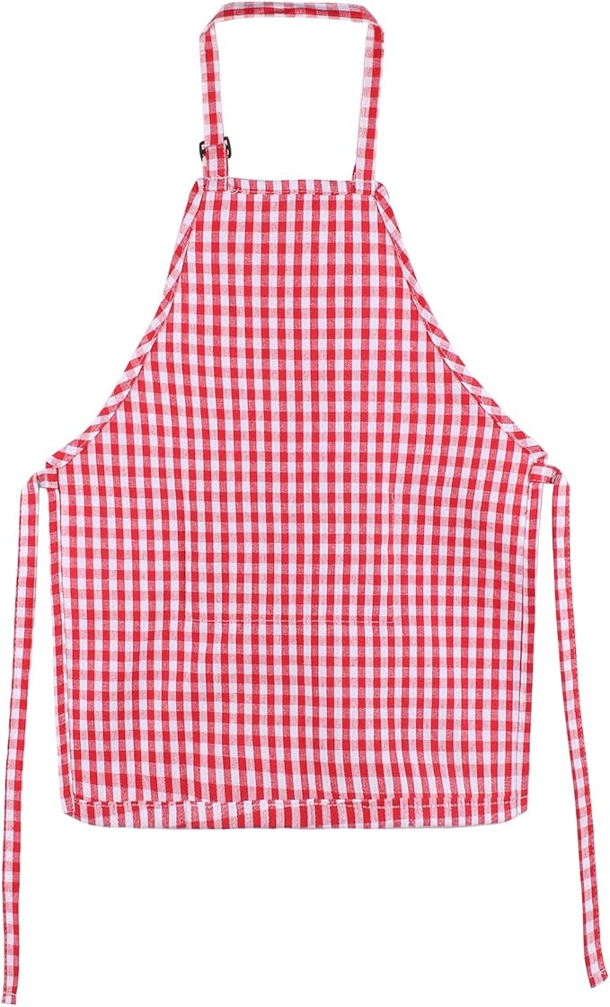 Jennice House Kids Aprons - Children's Artists Pure Cotton Gingham Apron With Pocket and Adjustable Neck Strap, Painting and Baby Chef Party Apron (Red, S)