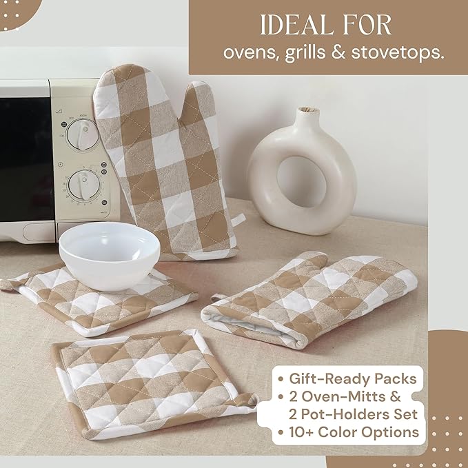 Buffalo Plaid Check Oven Mitts and Pot Holders Set, 100% Cotton, Heat Resistant, Includes 2 Oven Gloves (7x13 Inches) and 2 Hot Pads (8x8 Inches) for Cooking and Baking, Beige White