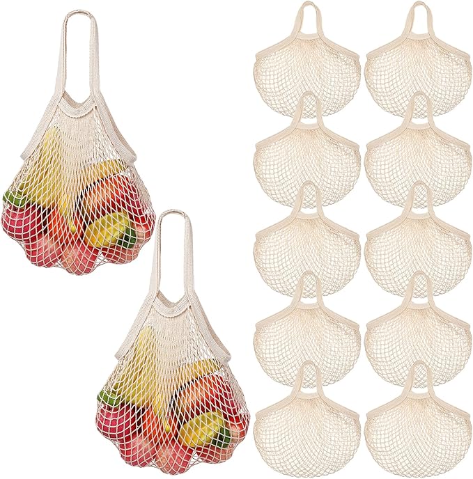 SHENLIU 12 Pack Cotton Mesh Grocery Bags Bulk, Portable Reusable Market Produce Container Washable Net Mesh Reusable Shopping Tote Bag with Handle for Vegetable Fruit Picnic