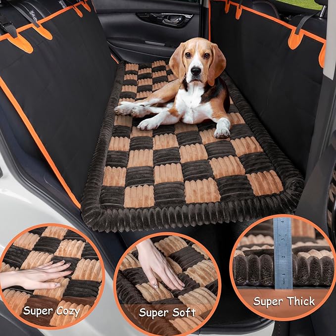 HAPYFOST Dog Bed for Car Back Seat, Non-Slip Backseat Dog Car Bed Mat, Soft Furry Travel Pet Mat, Washable Blanket Custom Fit for Backseat Extenders and Hammock Seat Covers(54"×25" Brown)
