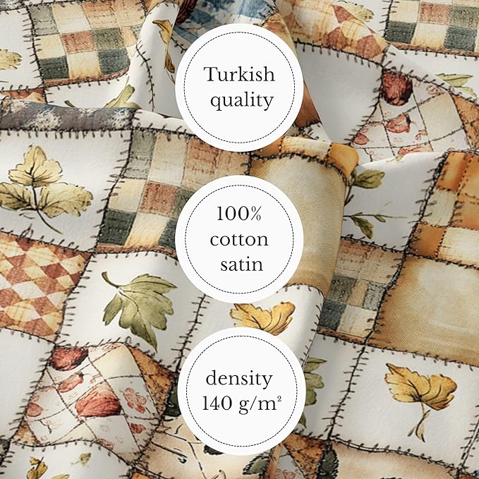 Patchwork Cotton Fabric Panel 61 x 36.6 Inches, Autumn Leaves Quilt Style Pattern, Rustic Brown Beige Blue Design, 100% Cotton 140 GSM