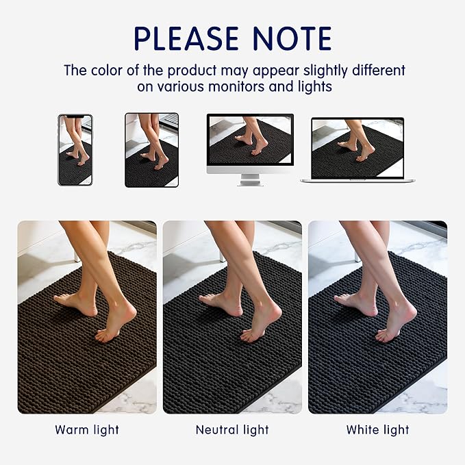 SUBRTEX Bathroom Rugs, 24" x 55" Chenille Bath Rug Soft Short Plush Bath Mat Soft Shower Mat Water Absorbent Shower Mat Quick Dry Machine Washable, Black