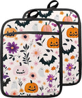 Pastel Halloween Pumpkin Floral Pot Holders with Pockets, Halloween Cute Ghost Bat Oven Pot Holders Heat Resistant Oven Mitts Hot Pads for Kitchen Baking Cooking, Set of 2