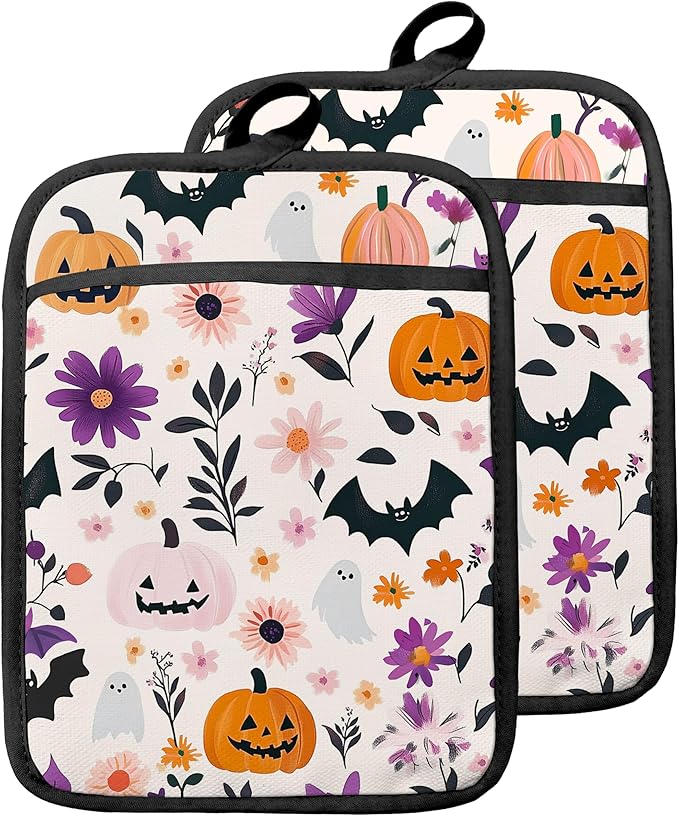 Pastel Halloween Pumpkin Floral Pot Holders with Pockets, Halloween Cute Ghost Bat Oven Pot Holders Heat Resistant Oven Mitts Hot Pads for Kitchen Baking Cooking, Set of 2