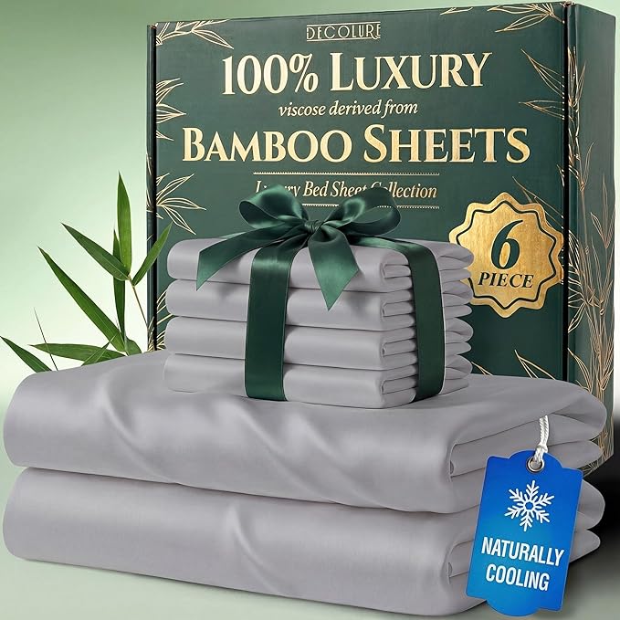 DECOLURE 100% Viscose Derived from Bamboo Sheets California King Size - Luxury 6 Pc Naturally Cooling Sheets, Ultra Soft Bed Set - Deep 17" Pockets, Double Stitching, Oeko Tex Standard (Midgrey)