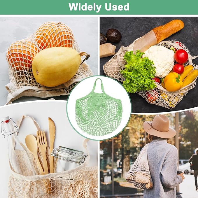 M METERXITY 2-Pack Cotton Mesh Bag, Reusable Washable Mesh Net String Grocery Bags, Reusable Produce Bags with Handle, Net Tote Bag for Fruits/Vegetables Shopping [Avocado, Long&Short Handle]