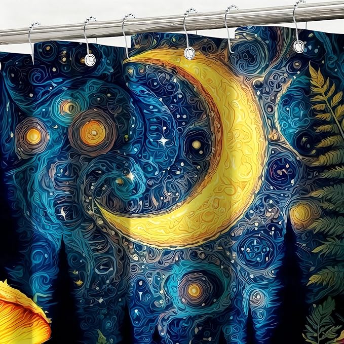 mutakin Mushroom Shower Curtain Moon Aesthetic Shower Curtains for Bathroom Waterproof Fabric Bath Curtain Decor with Hooks