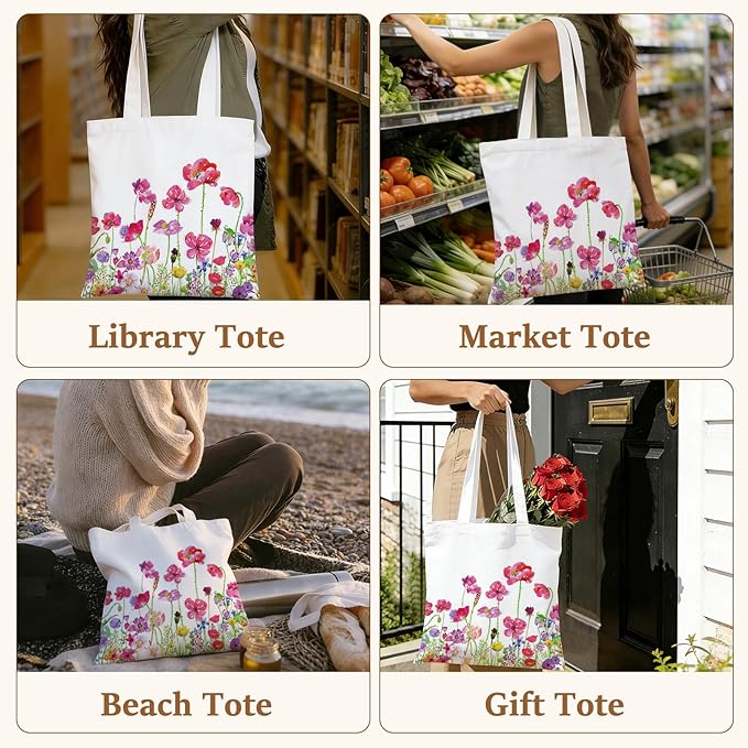 GICDSU Cotton Canvas Floral Tote Bag Aesthetic with Zipper, Reusable Grocery Bags, Beach Foldable ToteBag for Women, Funny Totebag with Inner Pocket for Shopping Travel Gym Work