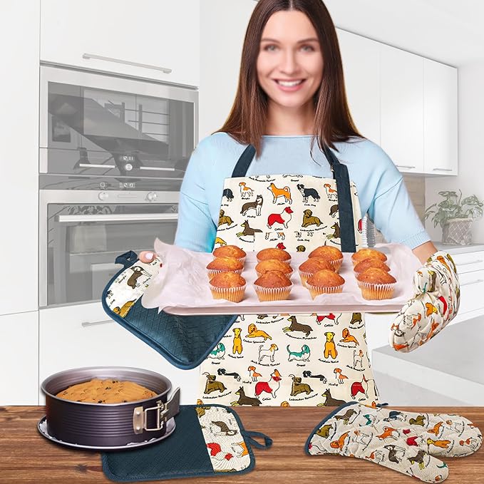 Oven Mitts and Pot Holders with Chef Apron,Set of 5 Heat Resistant Kitchen Gloves and Silicone Non-Slip Potholders Adjustable Neck Buckle Chef Apron, Cotton Nice Design for Cooking (Dog)