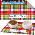 Drymate Personalized Pet Bowl Placemat, Custom Dog & Cat Food Feeding Mat - Absorbent Fabric, Waterproof Backing - Machine Washable/Durable (USA Made) (16" x 28") (Pink Plaid)