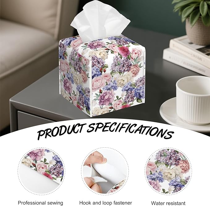 Watercolor Roses Floral Tissue Box Cover,PU Leather Tissue Box Holder Square,Modern Home Decoration for Bathroom Living Room Kitchen Office Car,5.2"×5.2"×5.2"
