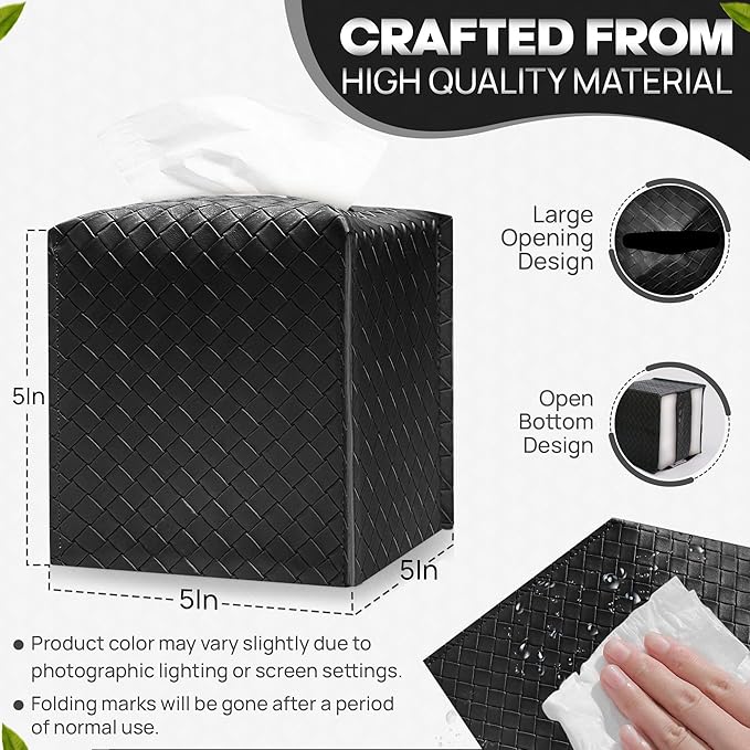 Tissue Box Cover Holder, PU Leather Tissue Box Cover with Braided Pattern, Square Tissue Holder with Bottom Belt, Modern Organizer for Bathroom, Car, Office, Tabletop(Black., 12 Braided Patterns)