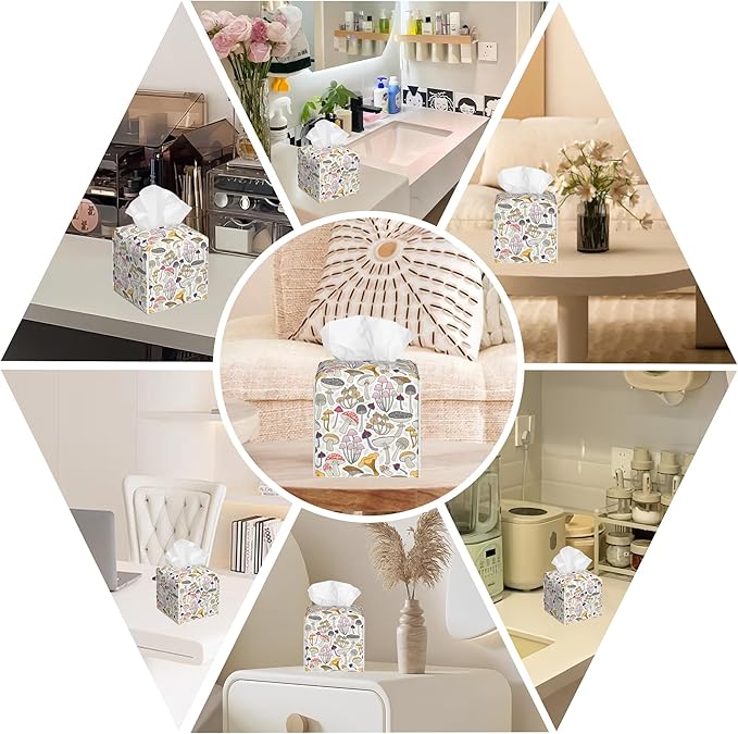 Leather Tissue Box Holder Wild Mushrooms Tissue Box Cover Facial Paper Case Organizer Cube Napkin Dispenser for Bathroom Vanity Countertop Night Stand Office Car
