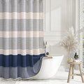 XOGUIBO Navy Blue Shower Curtain Linen Coastal Ocean Striped Shower Curtains for Bathroom with Tassel 72 X 72