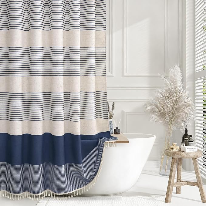 XOGUIBO Navy Blue Shower Curtain Linen Coastal Ocean Striped Shower Curtains for Bathroom with Tassel 60 X 72