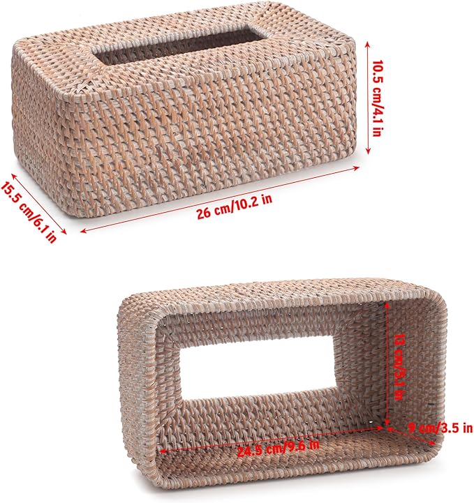 Rattan Tissue Box Cover, Rectangle Wicker Tissue Box Holder, Boho Tissue Box Cover for Living Room, Bathroom, Kitchen, Bedroom, 10.2 x 6.1 x 4.1 inch, Whitewash