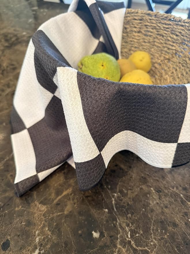Desert Aqua || 2 Pack|| Double Sided Dish Towels || Waffle Weave Microfiber || Highly Absorbent || Hanging Loop || Dish Cloths || Modern || Designer Prints|| Black Checker