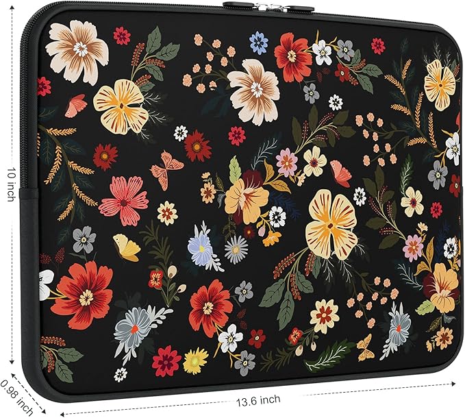 iCasso Laptop Sleeve 13 inch for MacBook Air 13-13.6 inch, Cute Laptop case for MacBook Pro 13 inch, Slim Protective Travel Carrying Case for MacBook Pro 14 inch, Chromebook, HP, Dell, Black Floral