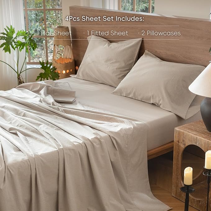 MooMee Bedding Sheet Set 100% Washed Cotton Linen Like Textured Breathable Durable Soft Comfy (Heathered Tannish Linen Grey, Queen)